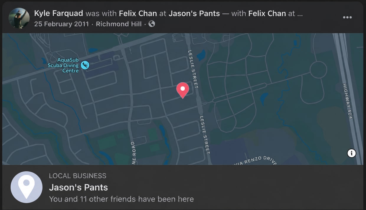 A 2011 Facebook check-in at "Jason's Pants", listed as a local business in Richmond Hill